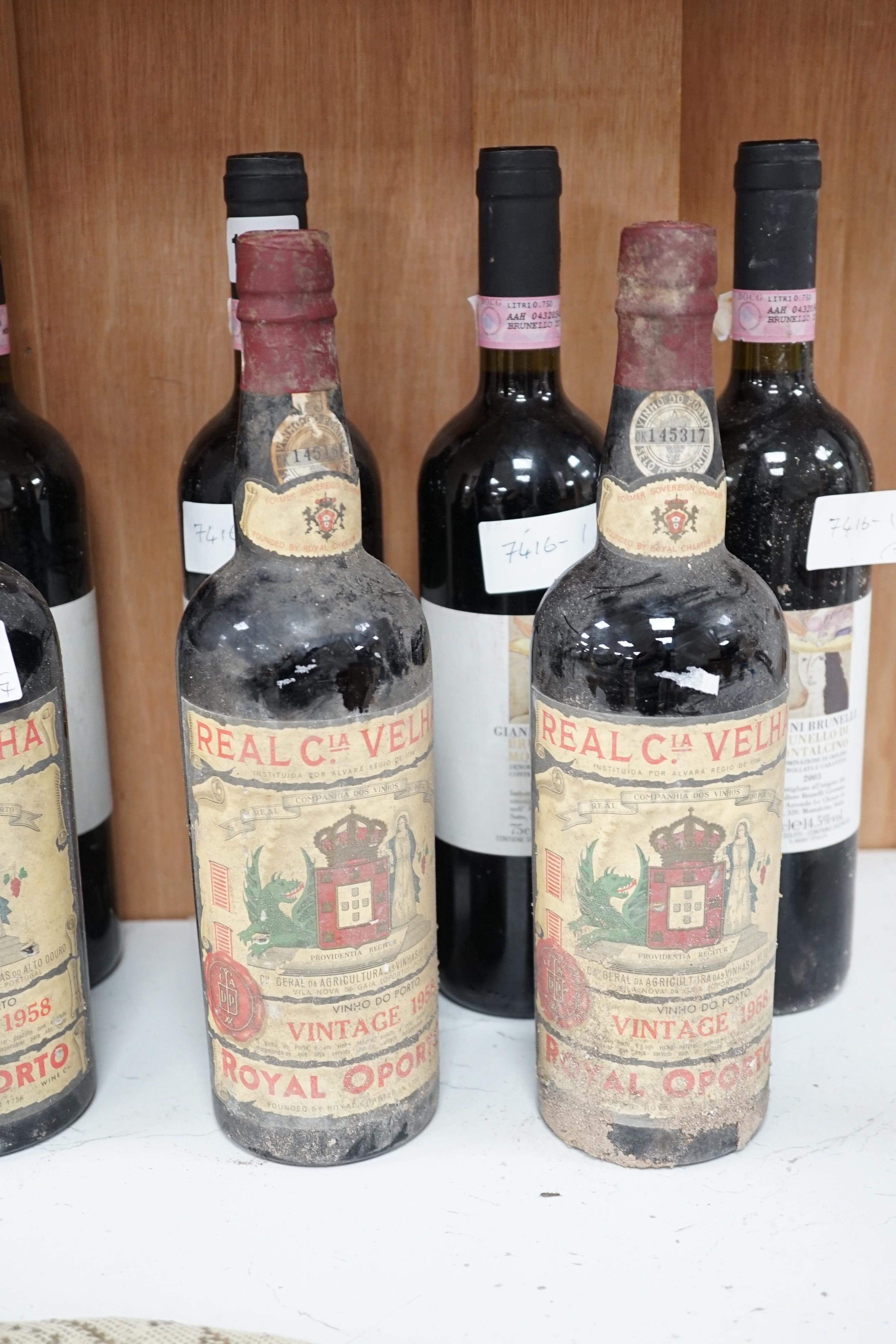 Three bottles of Real Cia Velha Royal Oporto 1958 vintage port and four bottles of Gianni Brunelli Brunello Di Montalcino, 2003.